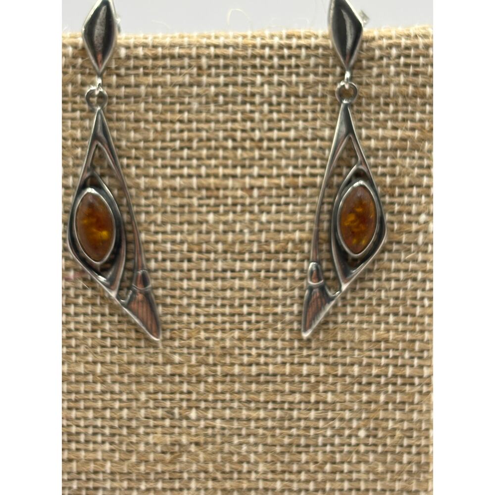 Vintage Handcrafted 925 Silver Dangle Earrings with Amber Stone - Picture 3 of 13